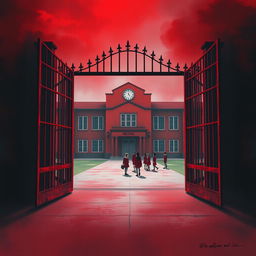 Background design for a book cover depicting a slightly ominous red-colored school