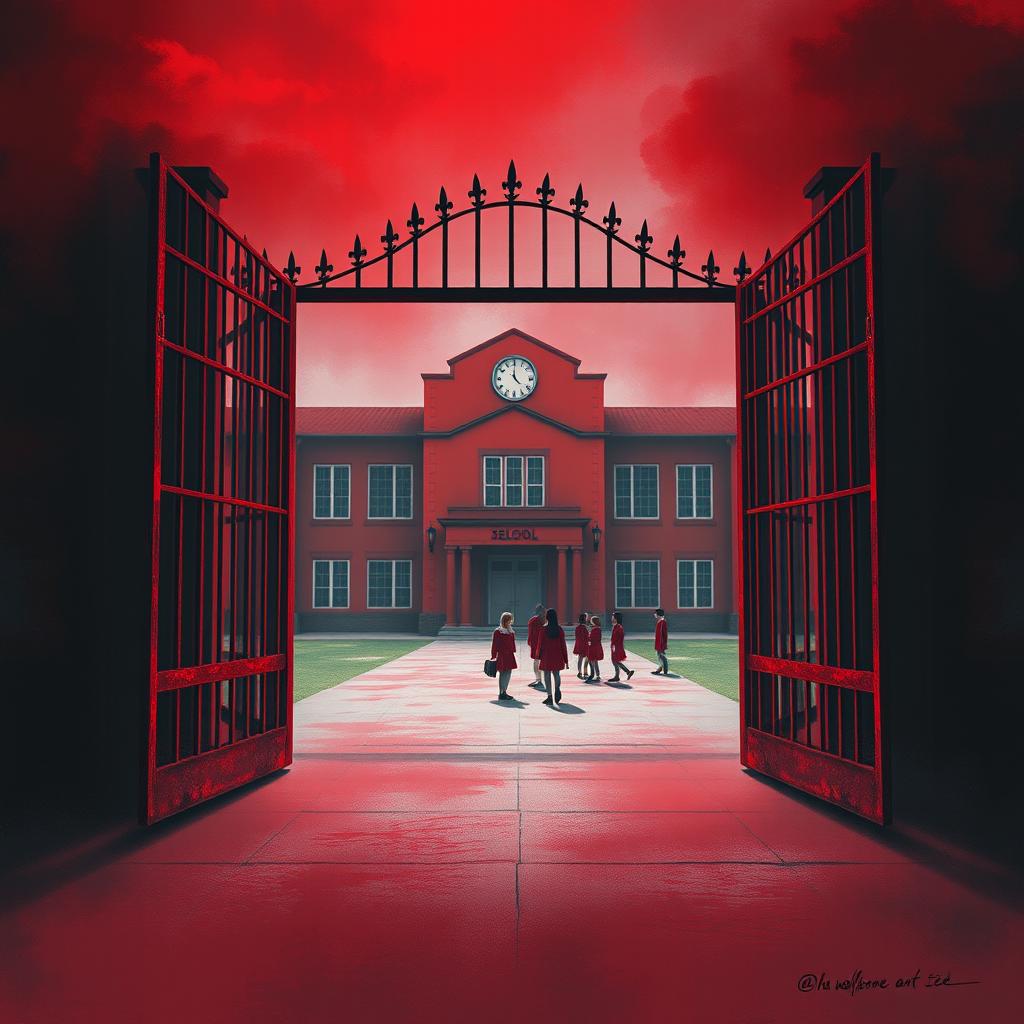 Background design for a book cover depicting a slightly ominous red-colored school