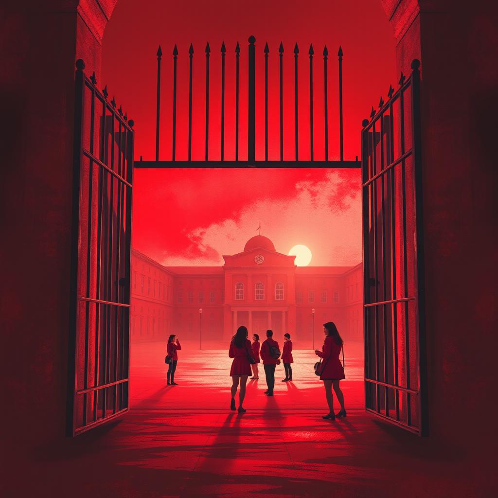 Background design for a book cover depicting a slightly ominous red-colored school