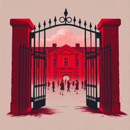 Background design for a book cover depicting a slightly ominous red-colored school