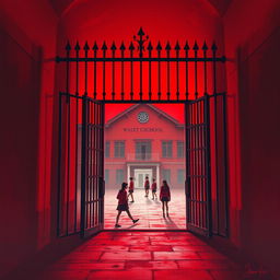 Background design for a book cover depicting a slightly ominous red-colored school