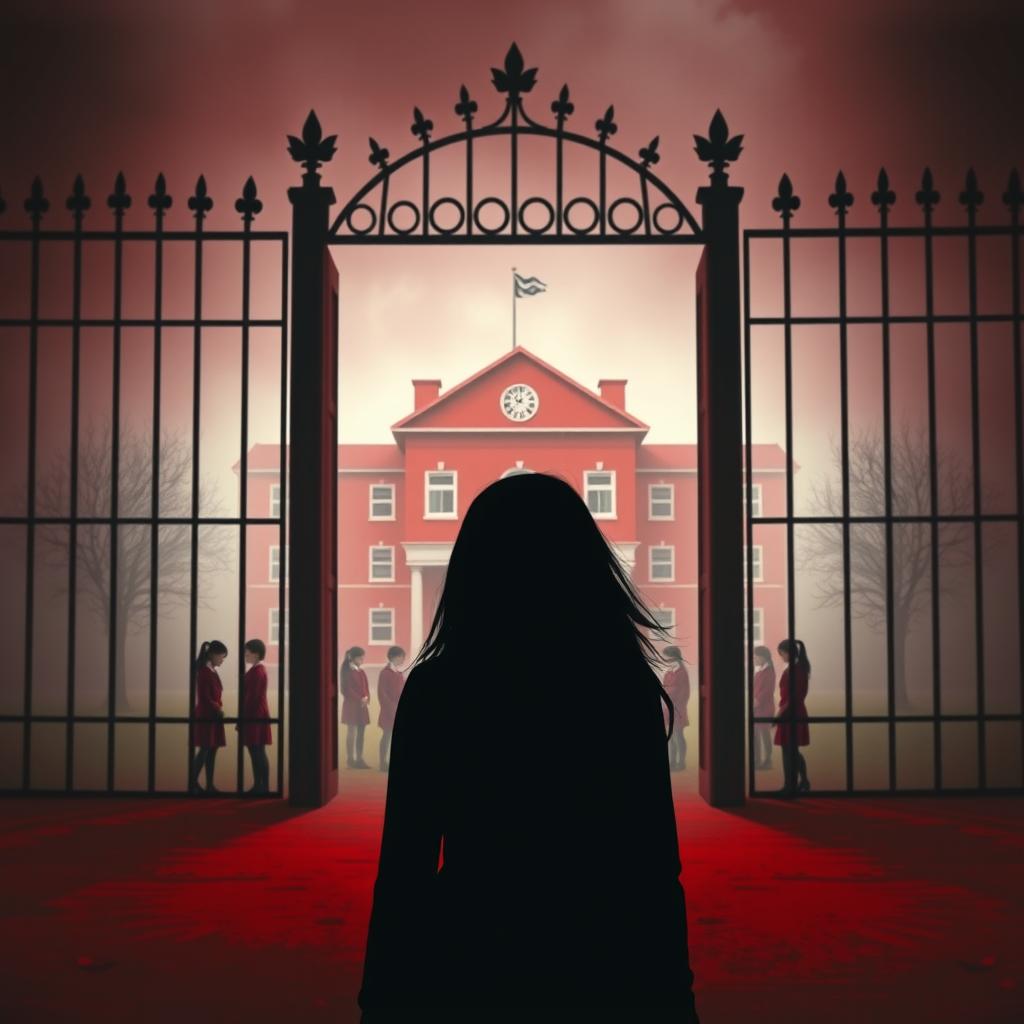 Background design for a book cover featuring a slightly ominous red-colored school