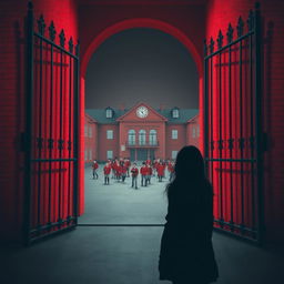 Background design for a book cover featuring a slightly ominous red-colored school