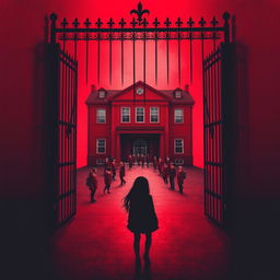 Background design for a book cover featuring a slightly ominous red-colored school
