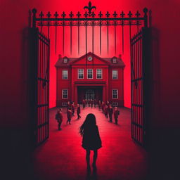 Background design for a book cover featuring a slightly ominous red-colored school