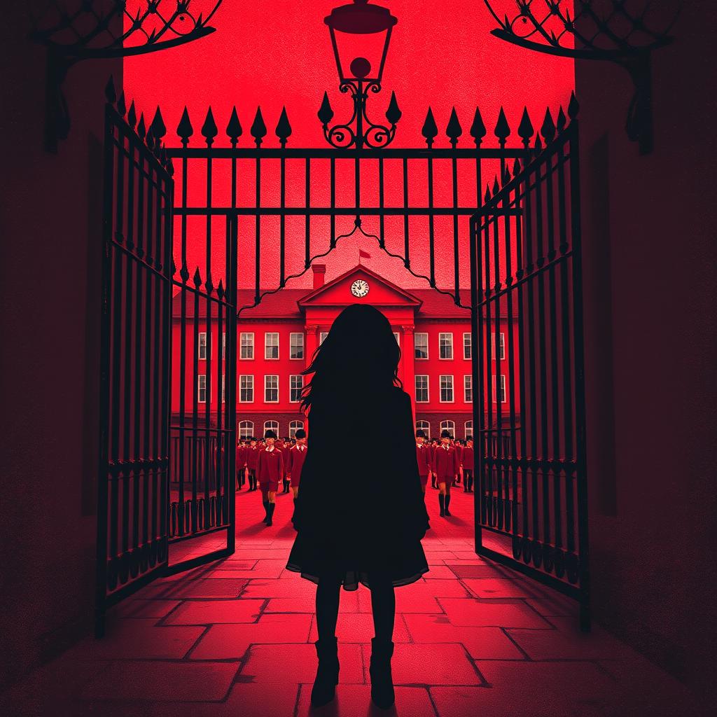 Background design for a book cover featuring a slightly ominous red-colored school