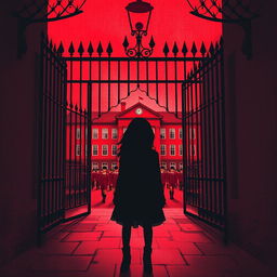 Background design for a book cover featuring a slightly ominous red-colored school