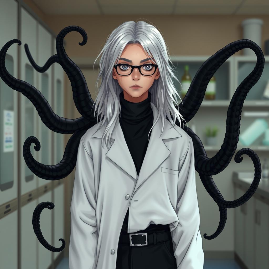 A teenage boy with long white hair wearing a white scientist's robe, black turtleneck, and black pants