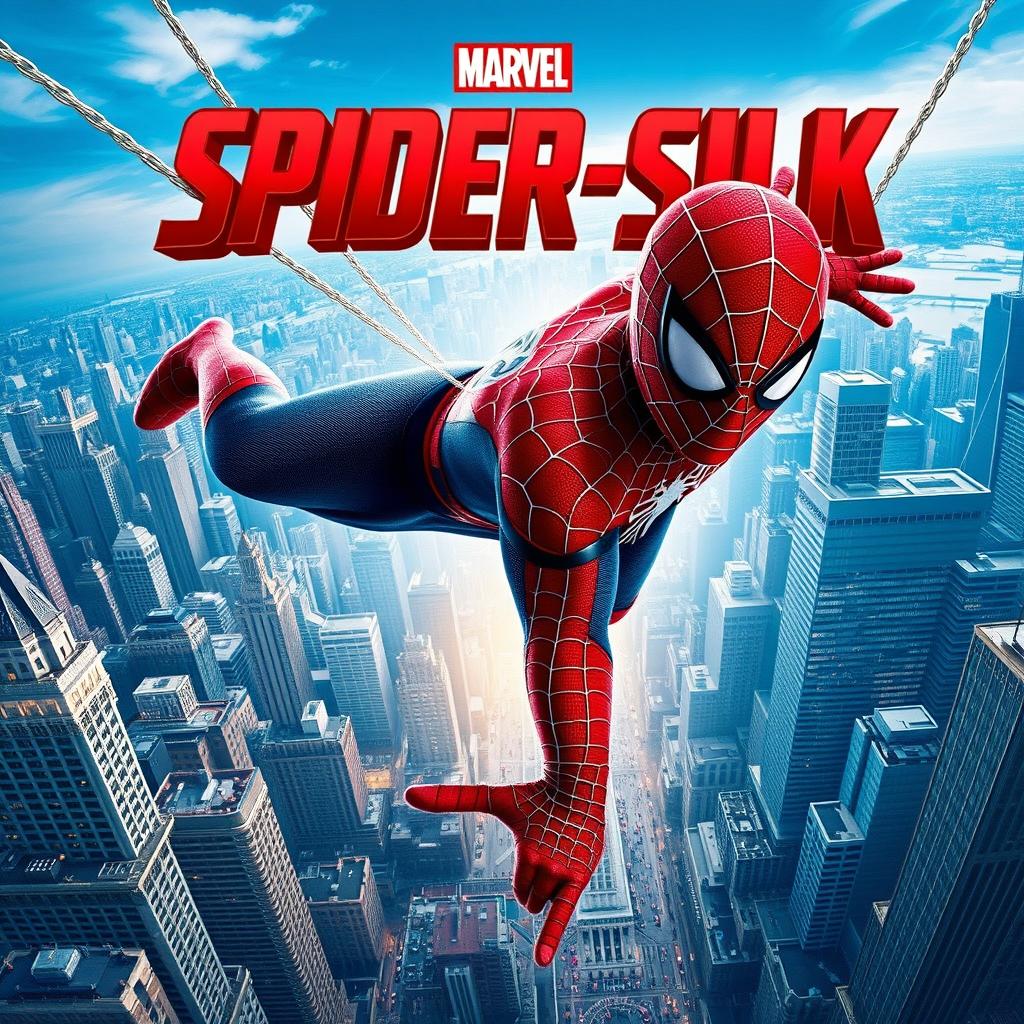 Dynamic and action-packed movie cover featuring Spider-Man swinging through the city with spider webs trailing behind him