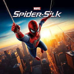 Dynamic and action-packed movie cover featuring Spider-Man swinging through the city with spider webs trailing behind him