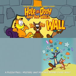 A fun and adventurous episode title card and movie poster featuring the beloved characters Garfield, Scooby-Doo, and Tom and Jerry along with the chaotic game show element from Hole in the Wall