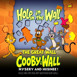 A fun and adventurous episode title card and movie poster featuring the beloved characters Garfield, Scooby-Doo, and Tom and Jerry along with the chaotic game show element from Hole in the Wall