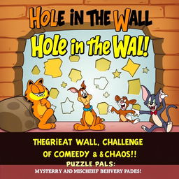 A fun and adventurous episode title card and movie poster featuring the beloved characters Garfield, Scooby-Doo, and Tom and Jerry along with the chaotic game show element from Hole in the Wall