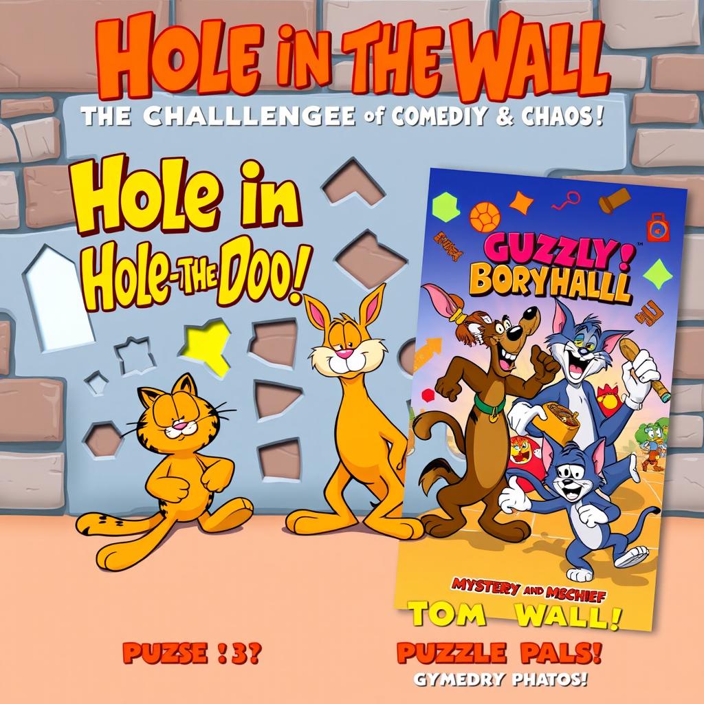 A fun and adventurous episode title card and movie poster featuring the beloved characters Garfield, Scooby-Doo, and Tom and Jerry along with the chaotic game show element from Hole in the Wall