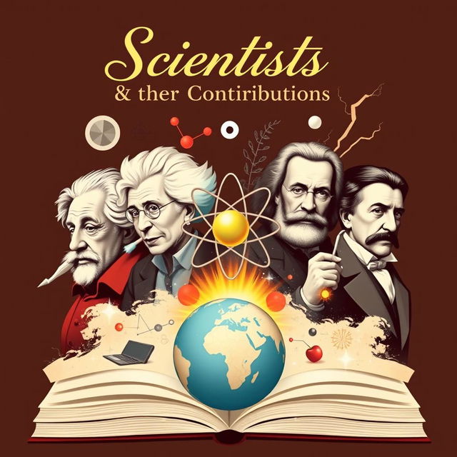 A captivating cover page for a book titled "Scientists & their Contributions" featuring a dynamic composition of famous scientists such as Albert Einstein, Marie Curie, Isaac Newton, and Nikola Tesla, each depicted in a distinctive artistic style reflecting their era