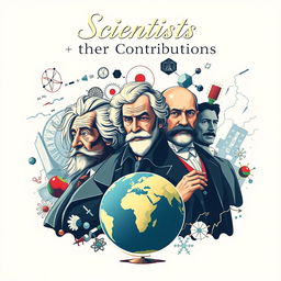 A captivating cover page for a book titled "Scientists & their Contributions" featuring a dynamic composition of famous scientists such as Albert Einstein, Marie Curie, Isaac Newton, and Nikola Tesla, each depicted in a distinctive artistic style reflecting their era