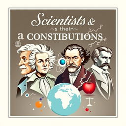 A captivating cover page for a book titled "Scientists & their Contributions" featuring a dynamic composition of famous scientists such as Albert Einstein, Marie Curie, Isaac Newton, and Nikola Tesla, each depicted in a distinctive artistic style reflecting their era