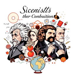 A captivating cover page for a book titled "Scientists & their Contributions" featuring a dynamic composition of famous scientists such as Albert Einstein, Marie Curie, Isaac Newton, and Nikola Tesla, each depicted in a distinctive artistic style reflecting their era