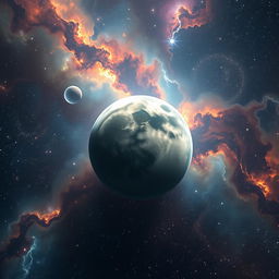 A captivating view of outer space featuring a mesmerizing planet in the background, surrounded by shimmering stars and colorful nebulae