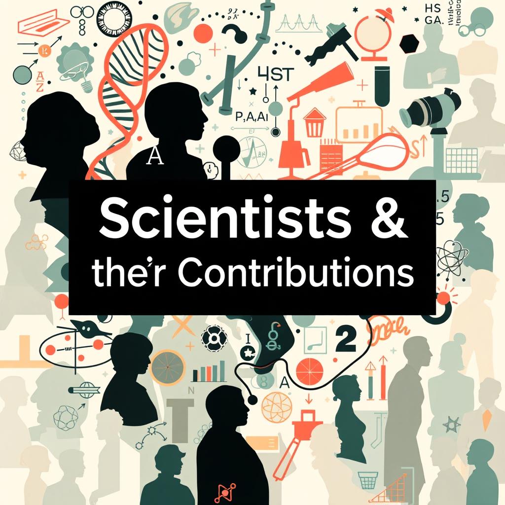 A book cover for "Scientists & their Contributions" adorned with an abstract collage of scientific icons, including a DNA helix, mathematical equations, a telescope, and a periodic table, all intertwined in a swirling pattern