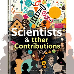 A book cover for "Scientists & their Contributions" adorned with an abstract collage of scientific icons, including a DNA helix, mathematical equations, a telescope, and a periodic table, all intertwined in a swirling pattern