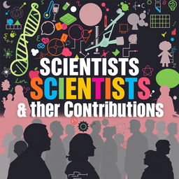 A book cover for "Scientists & their Contributions" adorned with an abstract collage of scientific icons, including a DNA helix, mathematical equations, a telescope, and a periodic table, all intertwined in a swirling pattern