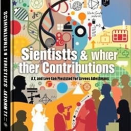 A book cover for "Scientists & their Contributions" adorned with an abstract collage of scientific icons, including a DNA helix, mathematical equations, a telescope, and a periodic table, all intertwined in a swirling pattern