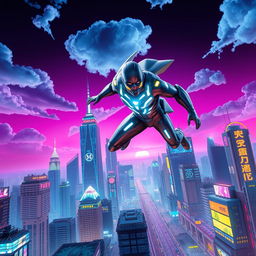 A superhero in a futuristic cityscape, flying through a neon-lit skyline