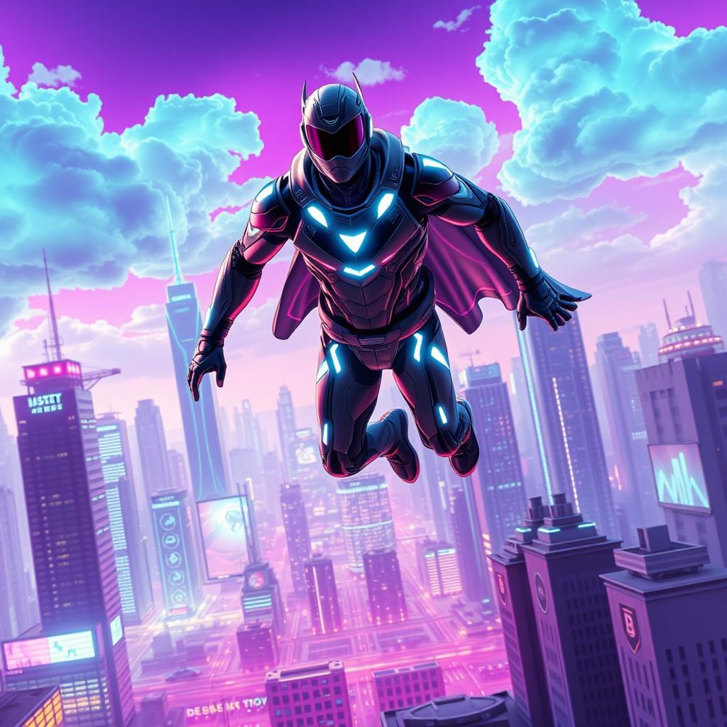 A superhero in a futuristic cityscape, flying through a neon-lit skyline