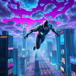 A superhero in a futuristic cityscape, flying through a neon-lit skyline