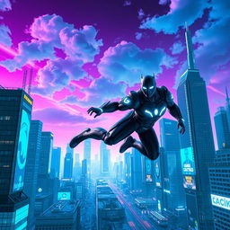 A superhero in a futuristic cityscape, flying through a neon-lit skyline