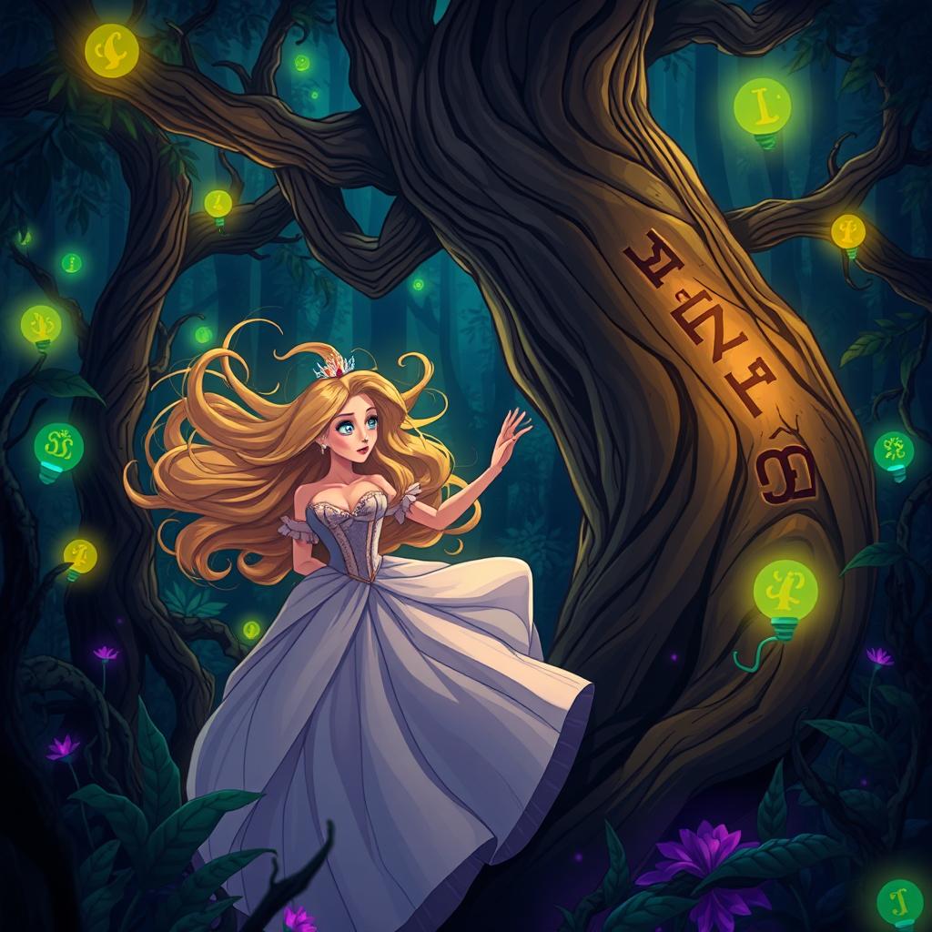 Illustrate a dramatic scene where a beautiful princess with flowing golden hair and an elegant gown is being captured by a mystical body trunk in a dense, enchanted forest