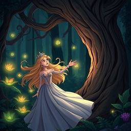 Illustrate a dramatic scene where a beautiful princess with flowing golden hair and an elegant gown is being captured by a mystical body trunk in a dense, enchanted forest