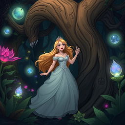 Illustrate a dramatic scene where a beautiful princess with flowing golden hair and an elegant gown is being captured by a mystical body trunk in a dense, enchanted forest