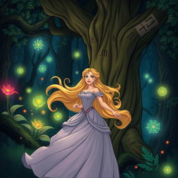 Illustrate a dramatic scene where a beautiful princess with flowing golden hair and an elegant gown is being captured by a mystical body trunk in a dense, enchanted forest