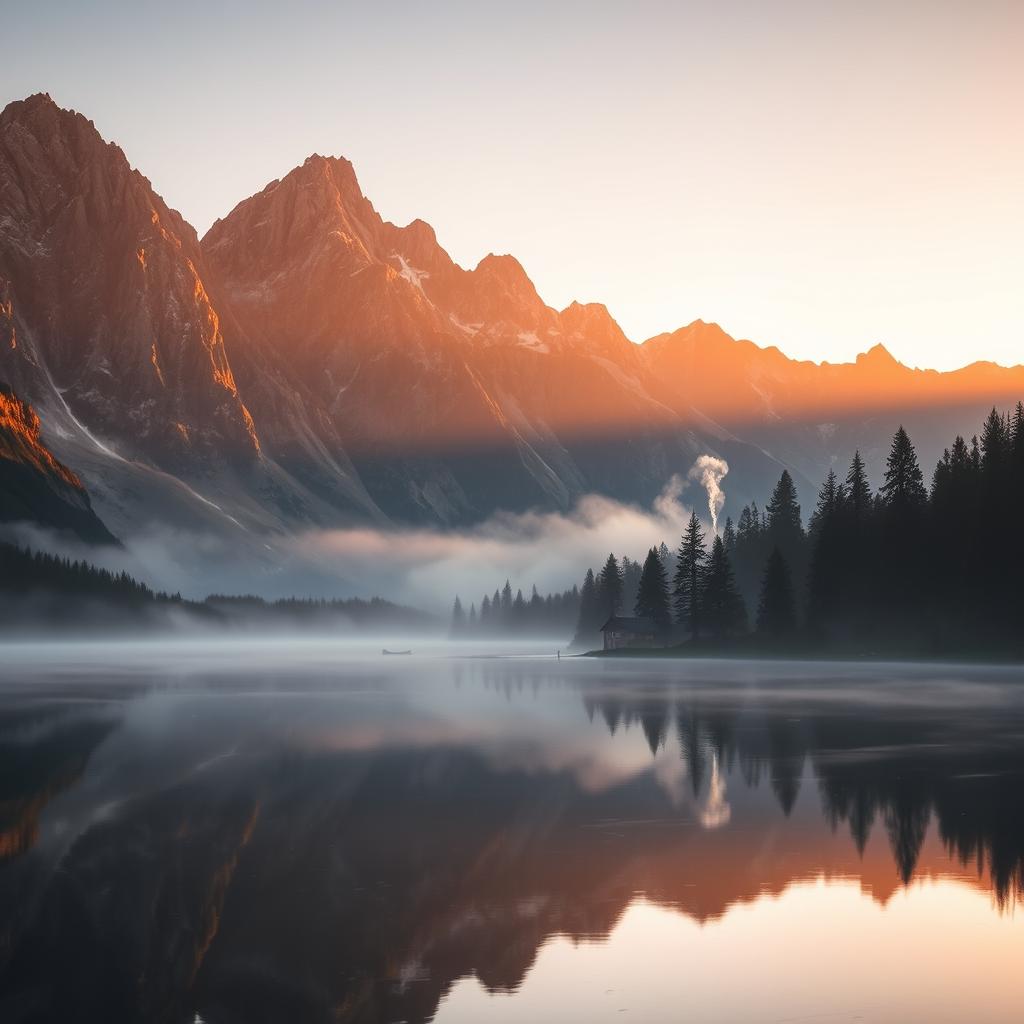 A serene mountain landscape bathed in the golden light of dawn, with jagged peaks rising majestically against a clear sky