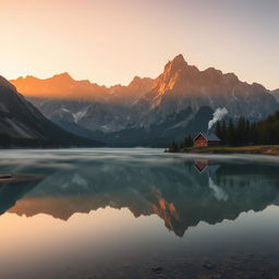 A serene mountain landscape bathed in the golden light of dawn, with jagged peaks rising majestically against a clear sky