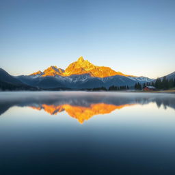 A serene mountain landscape bathed in the golden light of dawn, with jagged peaks rising majestically against a clear sky