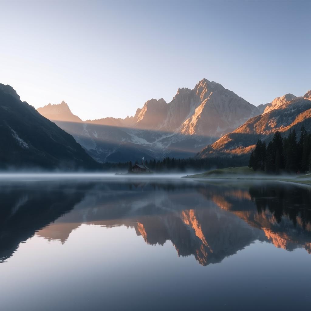 A serene mountain landscape bathed in the golden light of dawn, with jagged peaks rising majestically against a clear sky