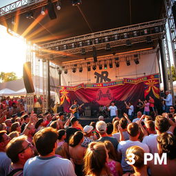 A vibrant and dynamic live concert scene at 3 PM, featuring a lively crowd enjoying the performance outdoors