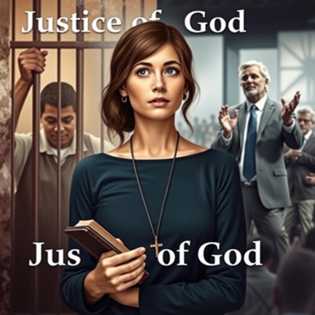 A modern-day scene titled 'Justice of God', featuring a central figure, a Christian college-aged woman, with an aura of faith and integrity