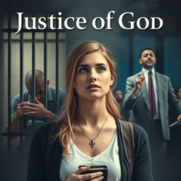 A modern-day scene titled 'Justice of God', featuring a central figure, a Christian college-aged woman, with an aura of faith and integrity