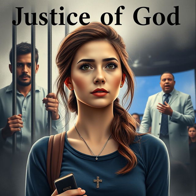 A modern-day scene titled 'Justice of God', featuring a central figure, a Christian college-aged woman, with an aura of faith and integrity