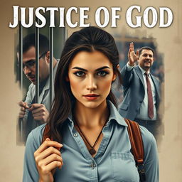 A modern-day scene titled 'Justice of God', featuring a central figure, a Christian college-aged woman, with an aura of faith and integrity