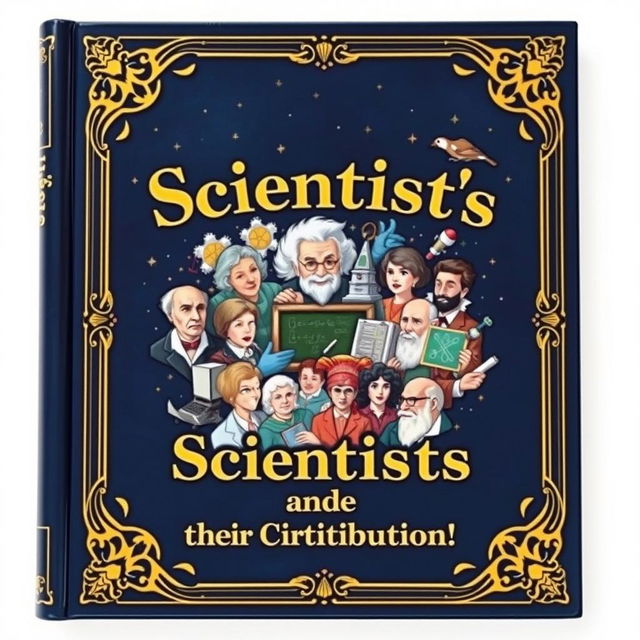 An eye-catching book cover for "Scientists & their Contributions," featuring a luxurious design with golden-colored ornate borders framing the cover