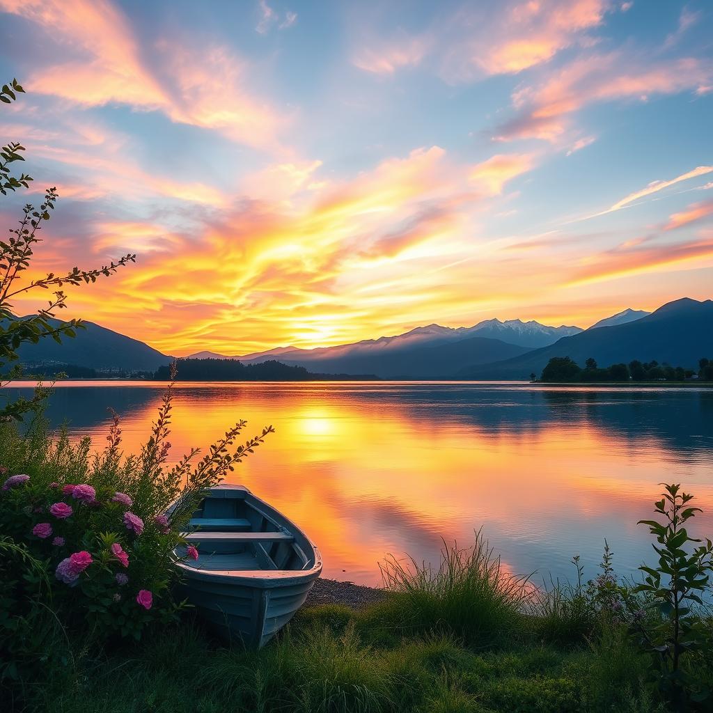 A beautiful, serene sunset landscape with a tranquil lake reflecting the vibrant colors of the sky