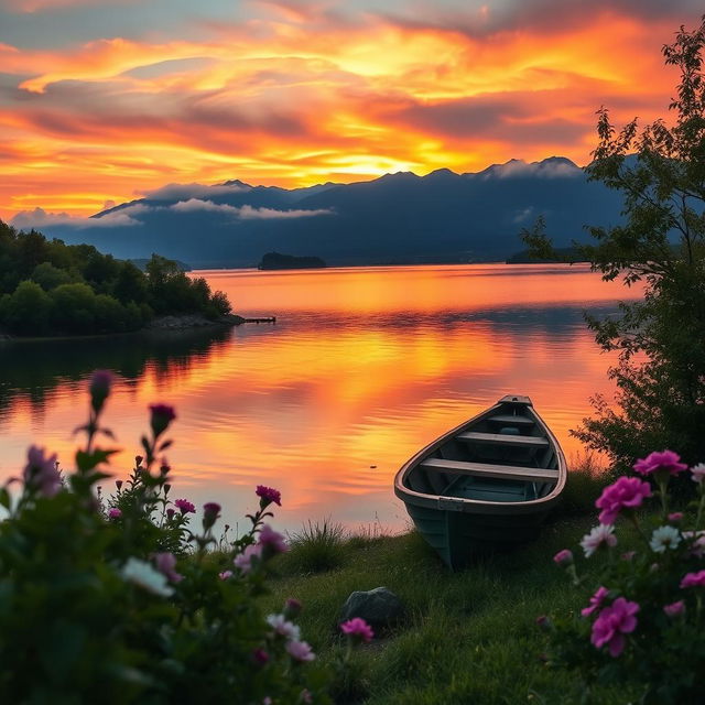 A beautiful, serene sunset landscape with a tranquil lake reflecting the vibrant colors of the sky