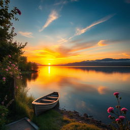 A beautiful, serene sunset landscape with a tranquil lake reflecting the vibrant colors of the sky