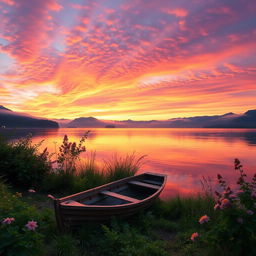 A beautiful, serene sunset landscape with a tranquil lake reflecting the vibrant colors of the sky