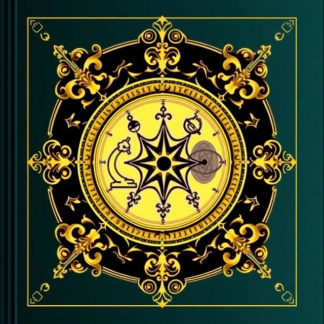 An exquisite book cover for "Scientists & their Contributions" featuring a sophisticated central emblem containing intertwined symbols of major scientific fields: a microscope, a mathematical compass, an atom, and a constellation map